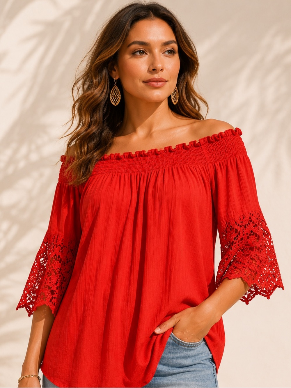 NWT Studio West Coral Smocked Off Shoulder Tunic Top M
